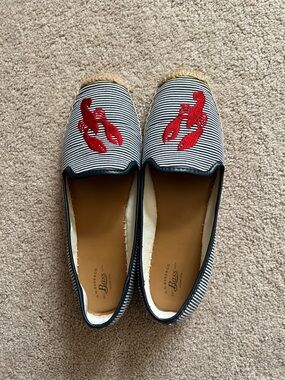 Bass Navy and White Striped Espadrille Flats with Red Lobster Embroidery